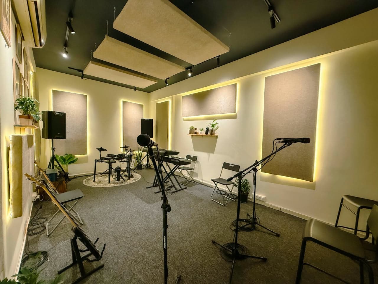 The acoustically treated Sevenity jam room in Bengaluru with drums, amps and backline